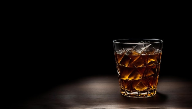 Verre de whisky avec de la glace sur une bannière de table en bois Generative AI