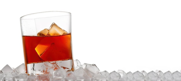 Verre de whisky avec de la glace sur des glaçons sur fond blanc panoramique