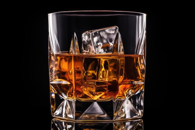 Verre à whisky avec de la glace sur une surface noire