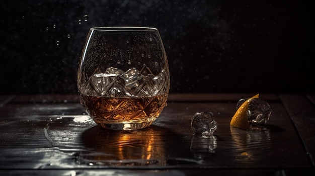 Un verre de whisky et de glace sur une table