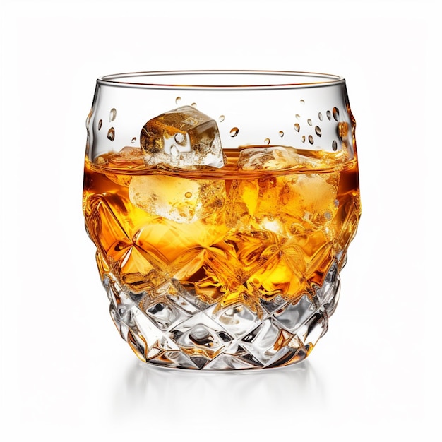 Un verre de whisky avec des glaçons au fond.