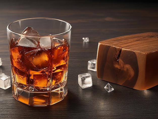 Verre de whisky avec glaçons et cigare fumant sur table en bois noir libre espace pour le texte