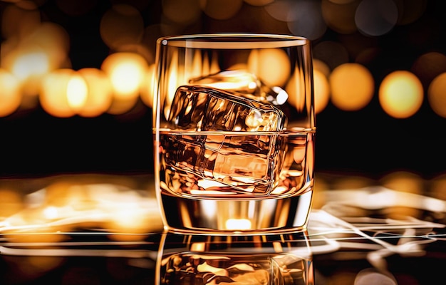 Verre de whisky avec des glaçons sur un comptoir de bar dans une discothèque