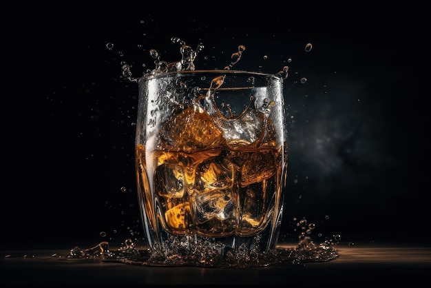 Un verre de whisky avec des glaçons et un fond noir