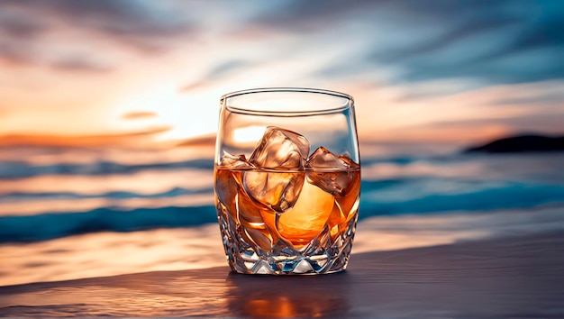 Verre de whisky avec des glaçons sur le sable mouillé sur la plage au coucher du soleil