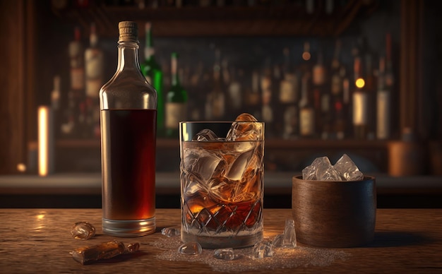 Un verre de whisky avec des glaçons sur une table en bois. ai généré