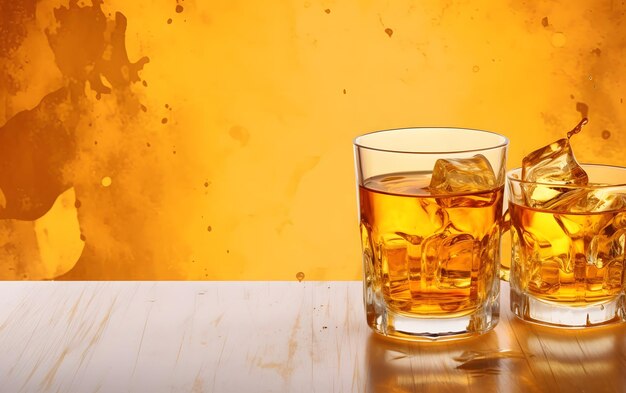 Un verre de whisky avec des glaçons sur une table