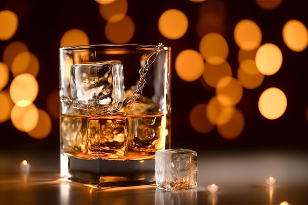 Un verre de whisky avec des glaçons sur la table