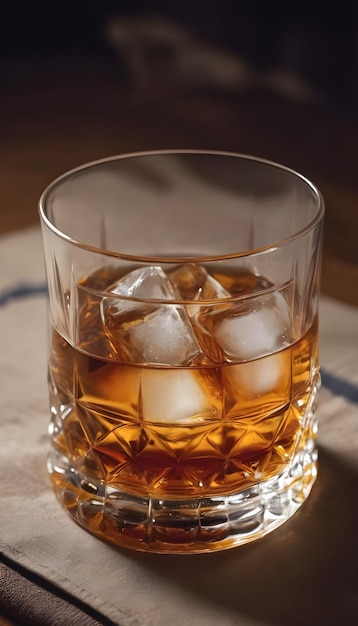 Photo un verre de whisky de luxe avec de la glace sur un fond sombre