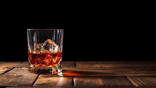 Verre de whisky minimaliste sur une grille en bois sur un fond sombre, espace de copie généré par l'IA