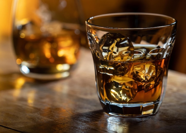 Verre de whisky on the rocks sur un bar en bois