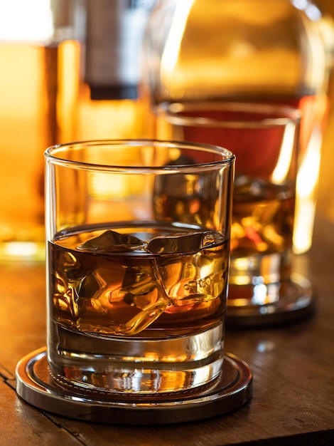 Verre de whisky on the rocks sur un bar en bois