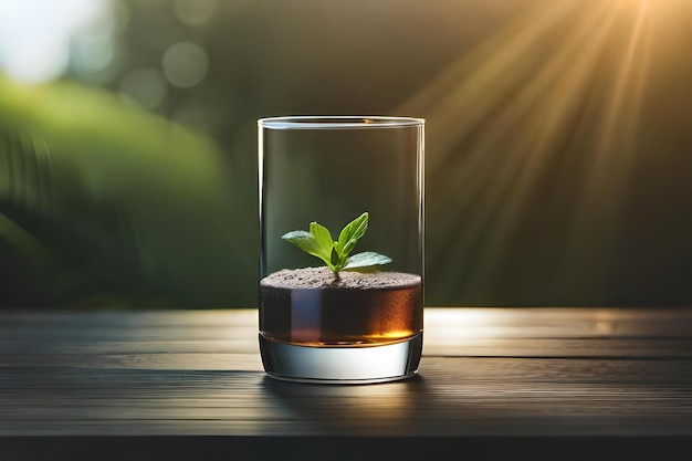 Un verre de whisky avec une petite plante qui en sort