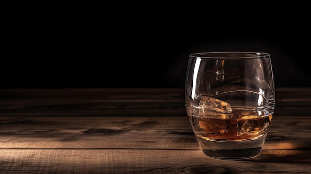 Un verre de whisky sur une table en bois avec un fond noir