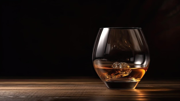 Un verre de whisky sur une table en bois avec un fond noir.