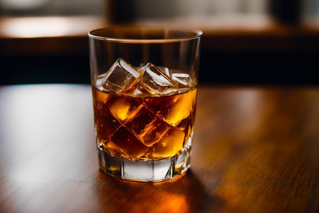 Un verre de whisky sur une table en bois avec des glaçons