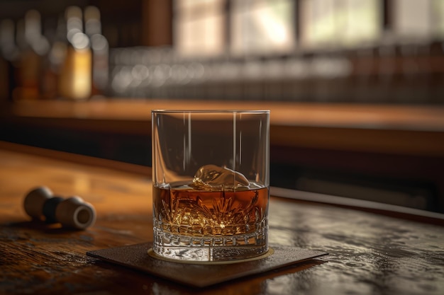 Un verre de whisky sur une table en bois.