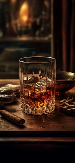 Un verre de whisky sur une table avec un bol de glace et un bol de biscuits.