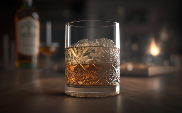 Un verre de whisky sur une table avec une bouteille de whisky sur la table. ai généré