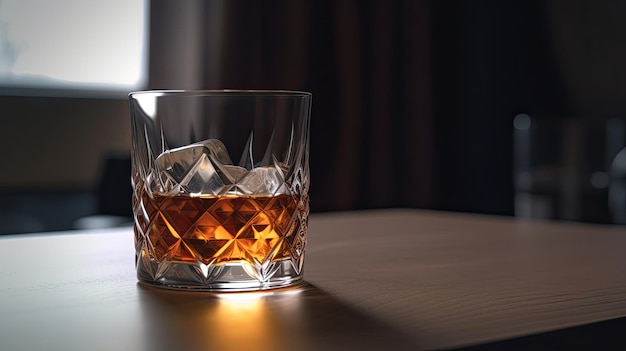 Un verre de whisky sur une table avec un fond sombre