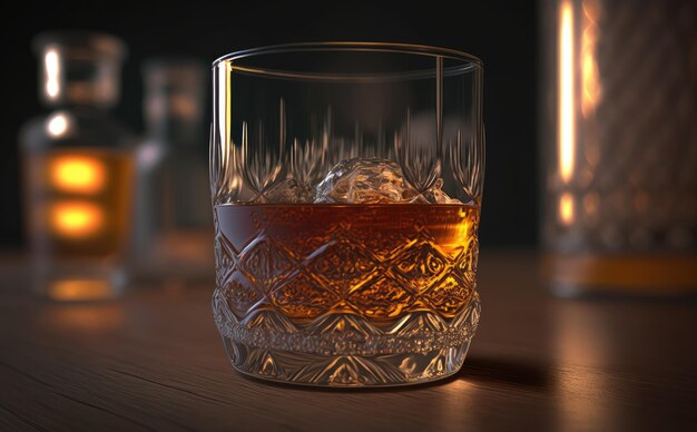 Un verre de whisky avec un verre de whisky sur la table. ai généré