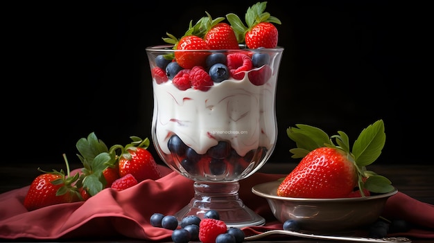Un verre de yogourt avec des baies et des fraises