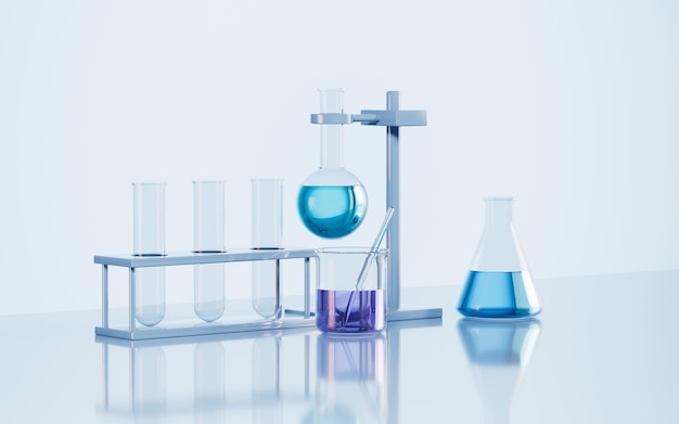Verrerie sur le bureau dans le rendu 3d du laboratoire