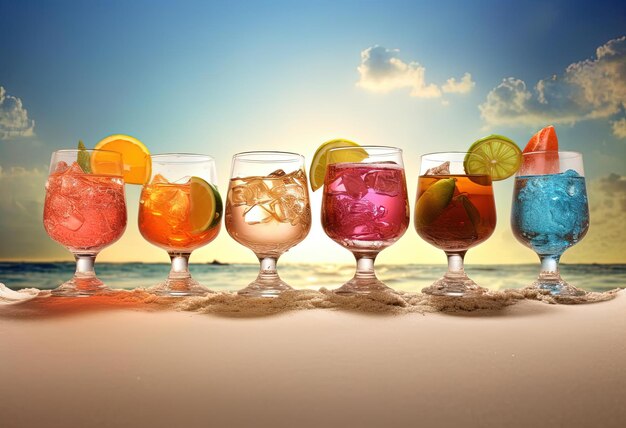 Photo des verres d'alcool colorés avec des boissons sur la plage