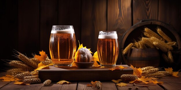 Des verres de bière avec du blé et du houblon sur une table en bois