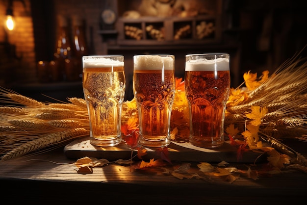 Verres à bière et épis de blé sur table en bois dans le pub Oktoberfest