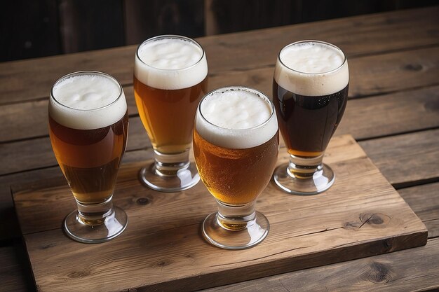 Des verres de bière sur une table en bois.