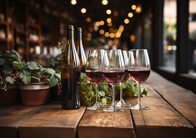 Des verres et des bouteilles de vin sur une grande table en bois dans un magasin vintage d'une cave à vin