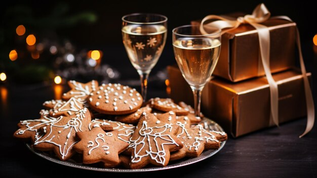 Des verres de champagne avec une boîte de pain d'épice de Noël