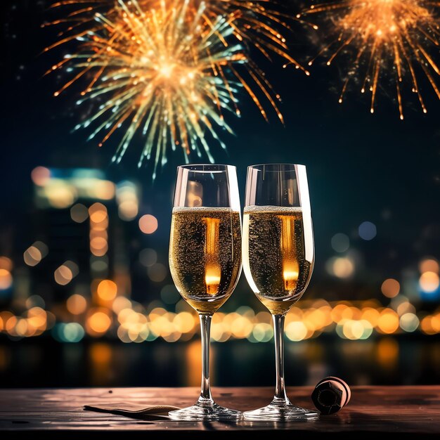Photo des verres de champagne boivent du vin avec des feux d'artifice ou des lumières bokeh en arrière-plan lors de la célébration du nouvel an