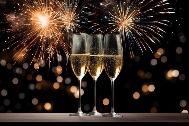 Photo des verres de champagne boivent du vin avec des feux d'artifice ou des lumières bokeh en arrière-plan lors de la célébration du nouvel an