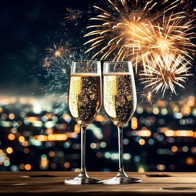 Photo des verres de champagne boivent du vin avec des feux d'artifice ou des lumières bokeh en arrière-plan lors de la célébration du nouvel an