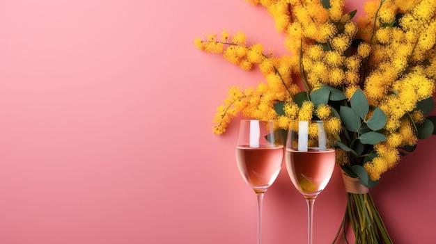 Des verres de champagne et un bouquet de mimosa sur un fond rose idée pour une carte postale pour le 8 mars