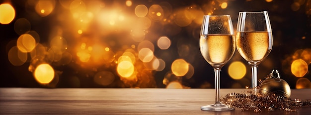 Photo les verres de champagne brillent d'une lumière dorée et d'un bokeh pour une célébration mémorable du nouvel an.