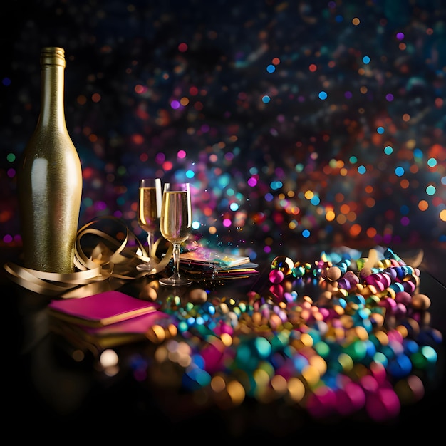 Des verres de champagne avec des confettis dorés et un effet bokeh coloré en arrière-plan.