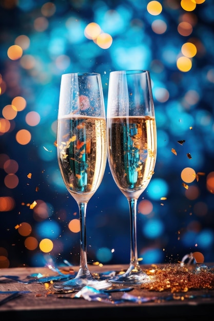 les verres de champagne et les confettis sur le fond