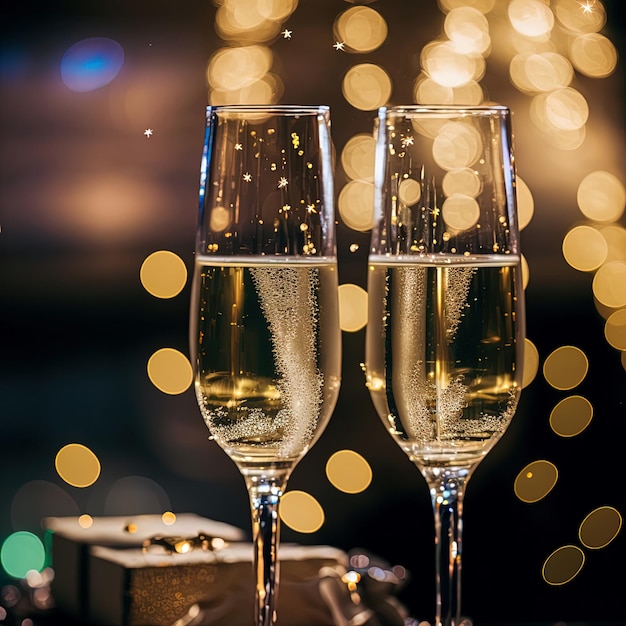 Photo verres de champagne contre les lumières de noël et les feux d'artifice du nouvel an