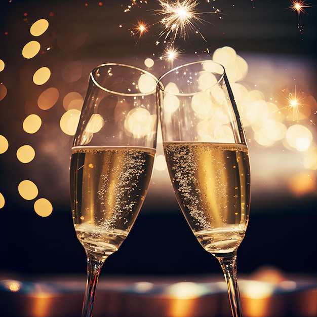 verres de champagne contre les lumières de Noël et les feux d'artifice du nouvel an