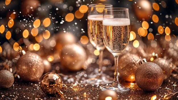 Des verres de champagne contre les lumières de Noël.