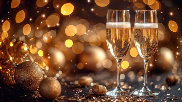 Des verres de champagne contre les lumières de Noël.