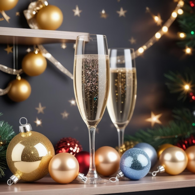 verres à champagne et décorations de Noël