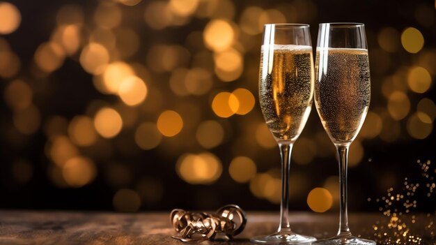 Des verres de champagne, du vin avec des feux d'artifice ou des lumières bokeh en arrière-plan lors de la fête du Nouvel An.