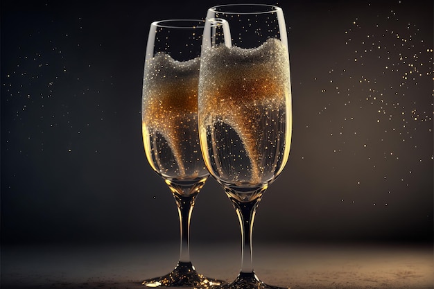 Verres de champagne sur un fond de célébration de fond sombre AI générative