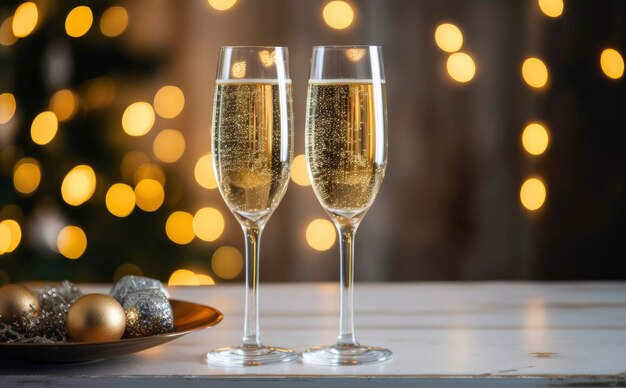 Verres à champagne sur fond de décorations de Noël