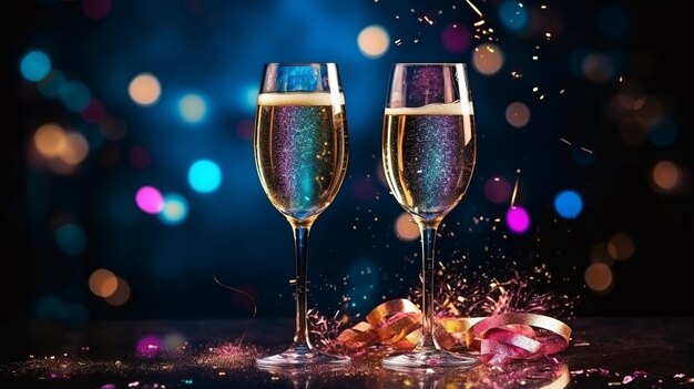 Photo des verres de champagne sur un fond flou concept de fête du nouvel an