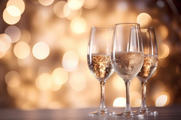 Des verres de champagne sur le fond de lumières bokeh idée de fête de célébration du Nouvel An